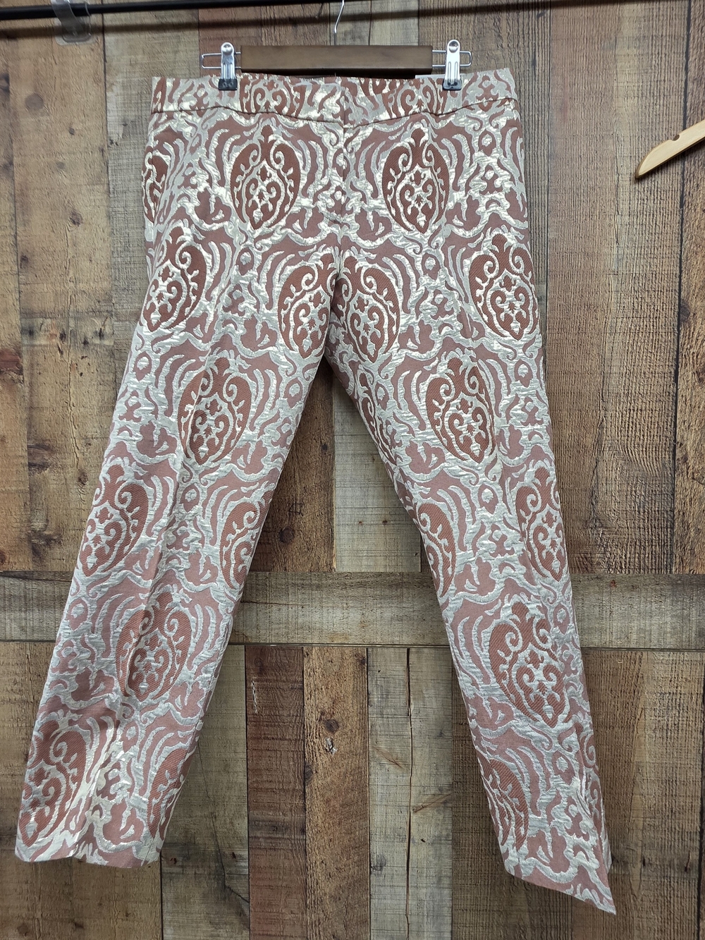 Ann Taylor Loft Zoe Ankle Flat Front Career Pants Mauve Gold Brocade Size 12 New